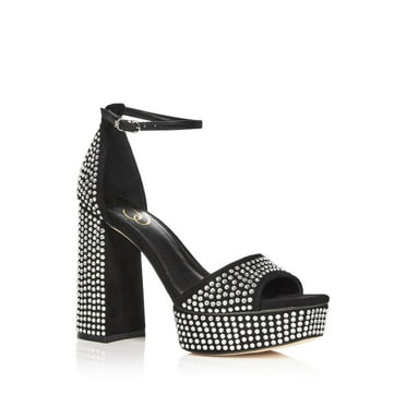 SAM EDELMAN Womens Black Rhinestone Logo Ankle Strap Padded Nellie Glitz Square Toe Block Heel Buckle Heeled Sandal 10 M