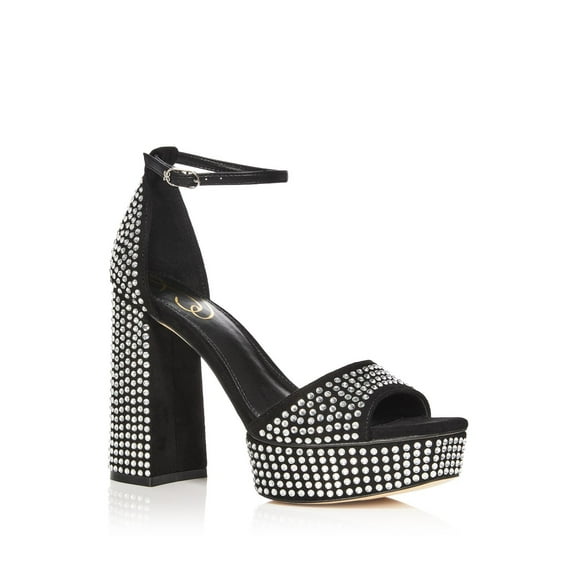SAM EDELMAN Womens Black Rhinestone Logo Ankle Strap Padded Nellie Glitz Square Toe Block Heel Buckle Heeled Sandal 10 M
