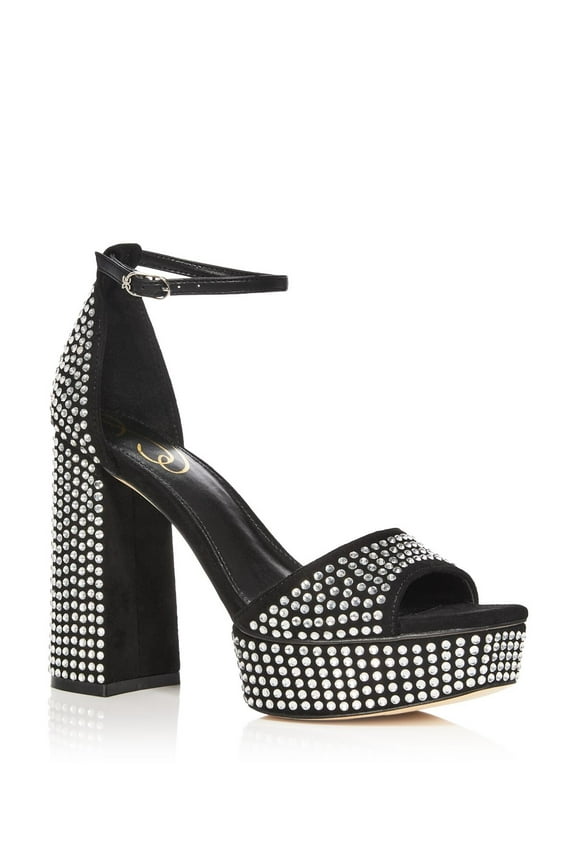 Womens Black Rhinestone Logo Ankle Strap Padded Nellie Glitz Square Toe Block Heel Buckle Heeled Sandal 10 M