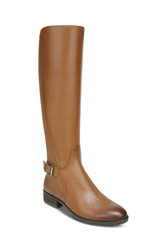 Womens Brown Buckle Accent Cushioned Paxten Round Toe Block Heel Zip-Up Leather Riding Boot 6.5 M