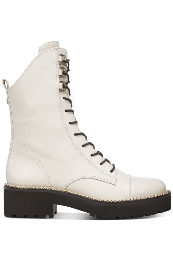 Womens Ivory Chain Lace Asymmetrical Lug Sole Lenley Round Toe Block Heel Zip-Up Leather Combat Boots 9 M