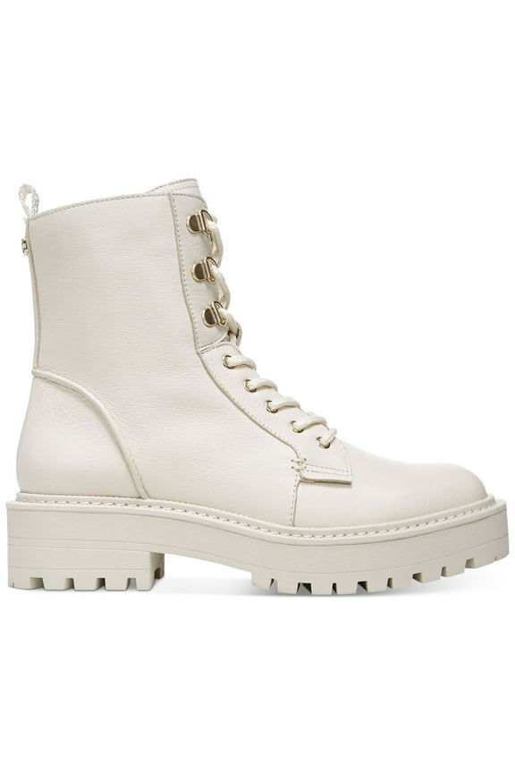 Womens Ivory Lace Water Resistant Lug Sole Lue Round Toe Block Heel Zip-Up Leather Combat Boots 11 M