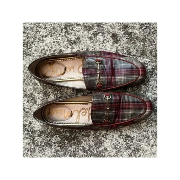 SAM EDELMAN Womens Red Plaid Embellished Padded Loraine Round Toe Block Heel Slip On Loafers 10 M