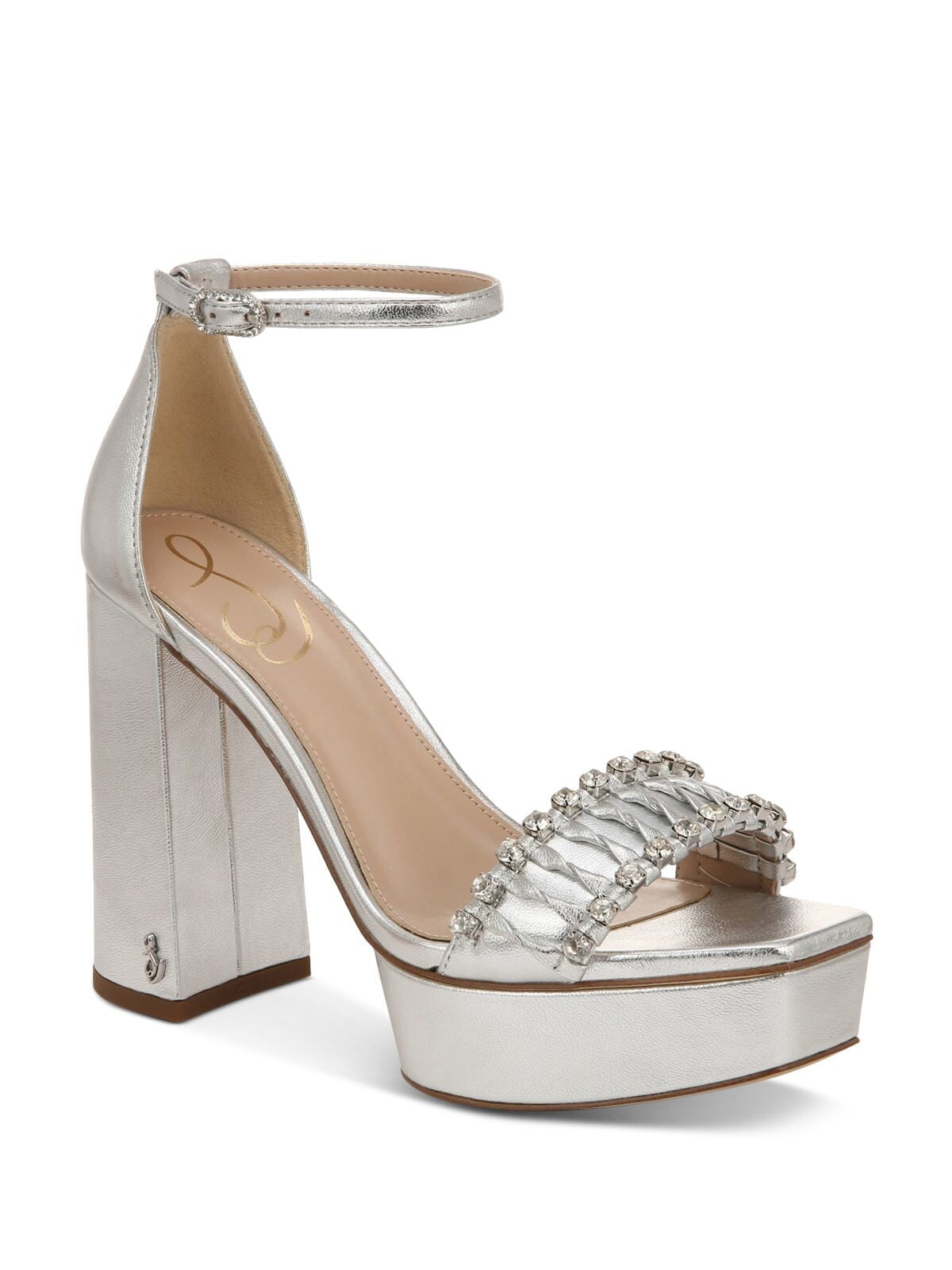 SAM EDELMAN Womens Silver Embellished Logo Metallic Padded Ankle Strap Ninette Square Toe Block Heel Buckle Leather Dress Heeled Sandal 9.5 M Walmart