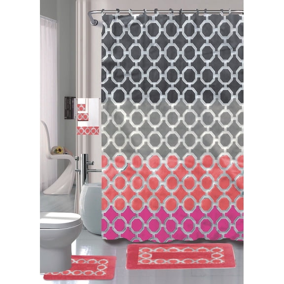 SAM HAJAR 15-Piece Bathroom Linen & Accessory Set with Bath Mat, Contour Mat, Shower Curtain, Rings