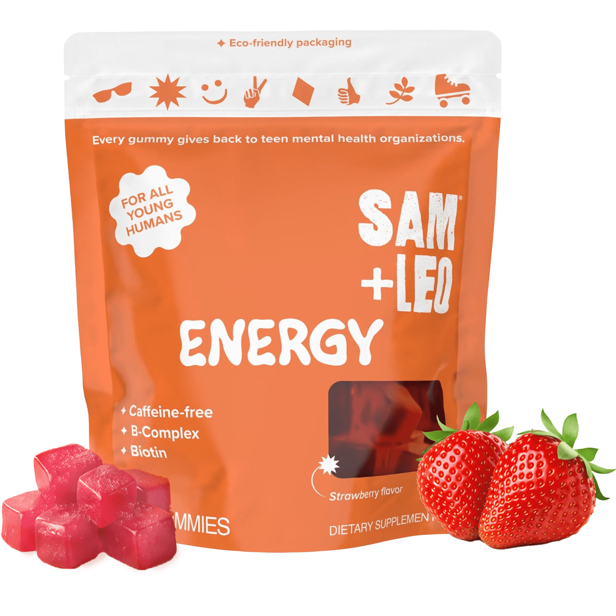SAM+LEO Vitamin B Complex Gummies with Biotin for Kids & Teens - Caffeine-Free Focus & Energy Support Supplement Gummies | Vegan & Gluten Free Supplement - Strawberry Flavor (60 count)