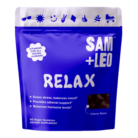 SAM+LEO Relax Gummies with Valerian, Lemon Balm & Chamomile for Kids & Teens Stress Relief & Relaxation Support Vegan & Gluten Free, Cherry Flavor (60 count)