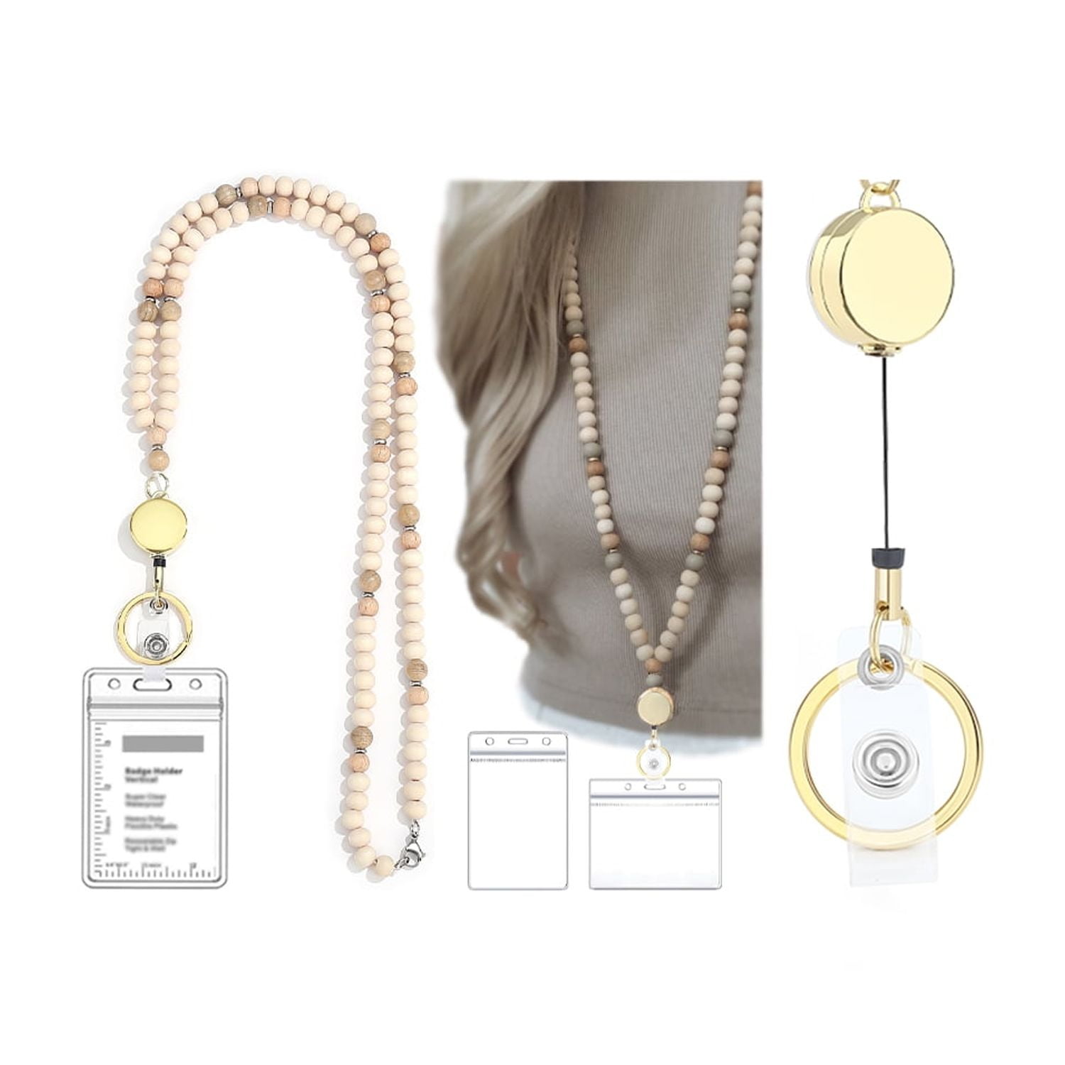 SAM & LORI Retractable Natural Wood Beaded Lanyard, for ID Badges, Keys, Cute Keychain, 34 Inches Long