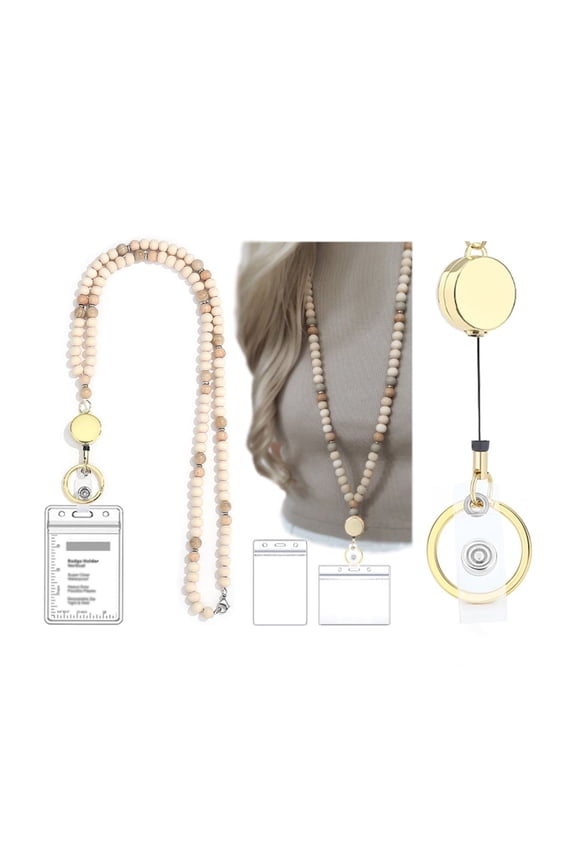 Retractable Natural Wood Beaded Lanyard, for ID Badges, Keys, Cute Keychain, 34 Inches Long
