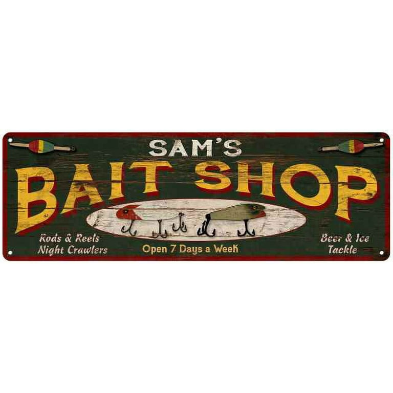SAM'S Bait Shop Sign Wood Look Man Cave Den Gift 6x18 Metal 106180024195