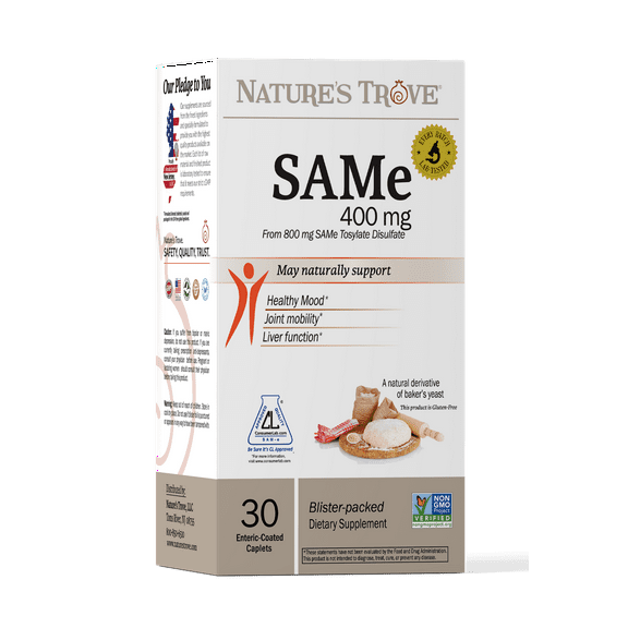 SAM-e 400mg - 30 Enteric Coated Caplets - Non-GMO Project Verified - Cold Form Blister Packed - Vegan - Kosher - Gluten Free - Soy Free - Natures Trove