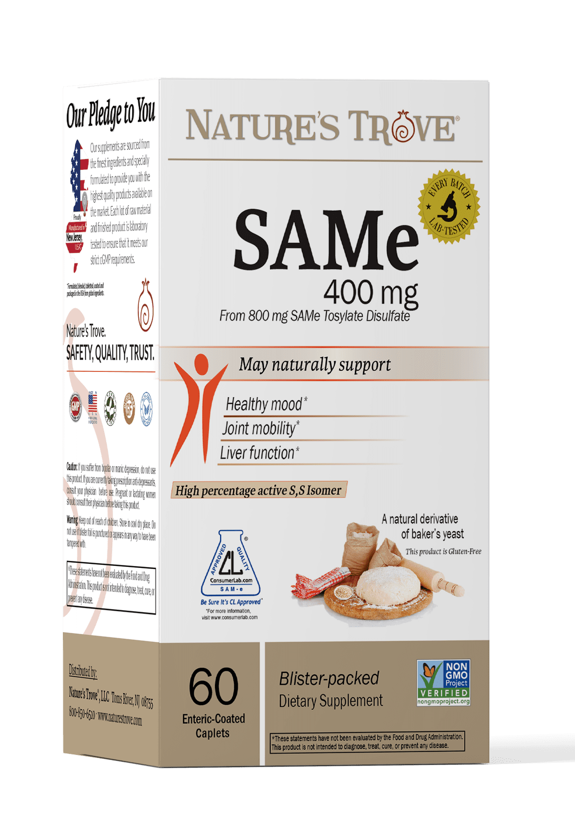 SAM-e 400mg - 60 Enteric Coated Caplets - Non-GMO Project Verified - Cold Form Blister Packed - Vegan - Kosher - Gluten Free - Soy Free - Natures Trove