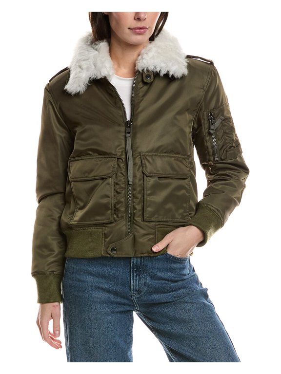 womens Amelia Shearling-Trim Coat, m, Green