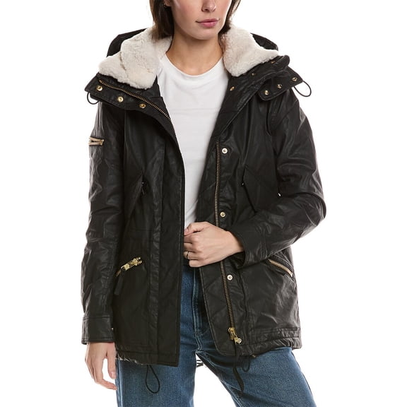 SAM. womens  Devon Shearling-Trim Coat, s, Black