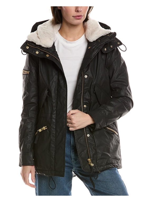 womens Devon Shearling-Trim Coat, s, Black