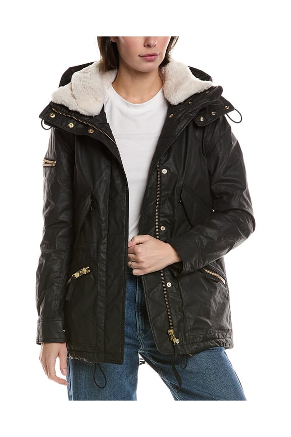 womens Devon Shearling-Trim Coat, s, Black