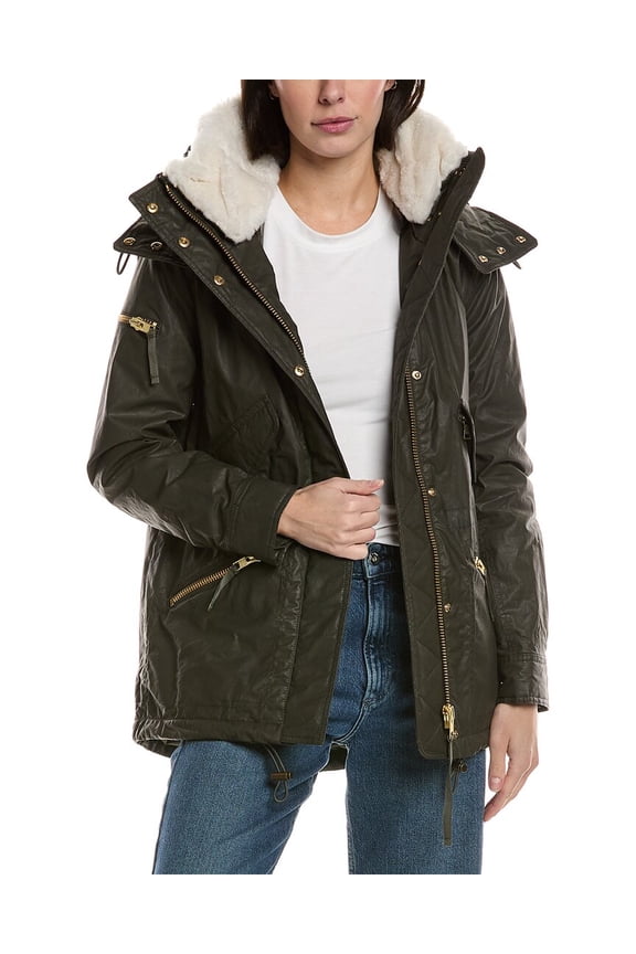 womens Devon Shearling-Trim Coat, s, Grey