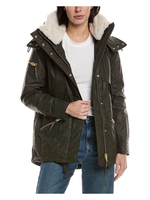 womens Devon Shearling-Trim Coat, xs, Grey