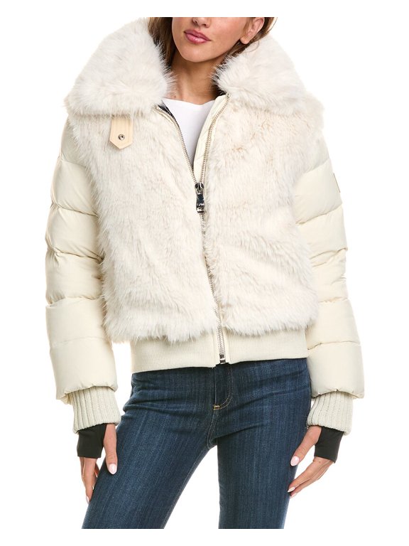 womens Down Leather-Trim Bomber Jacket, s, White