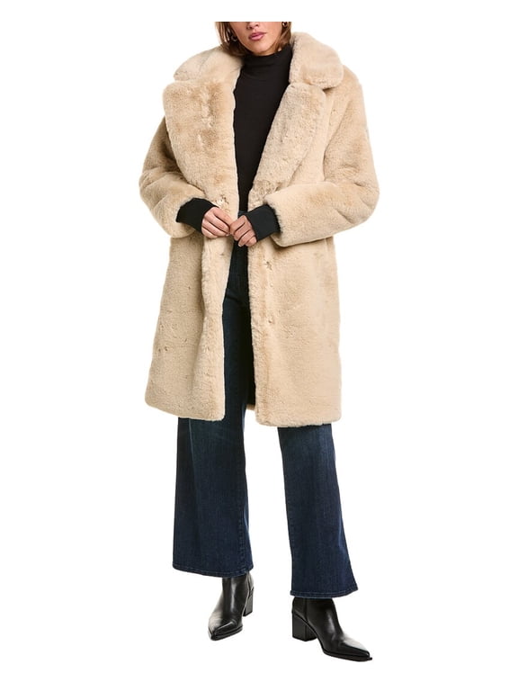 womens Long Leather-Trim Coat, l, Brown