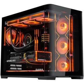SAMA 2851 ATX Mid-Tower PC Gaming Case, High-Airflow, Sturdy Curved Tempered Glass Front, 4 ARGB PWM Fan Pre-installed with Fan Hub, Black