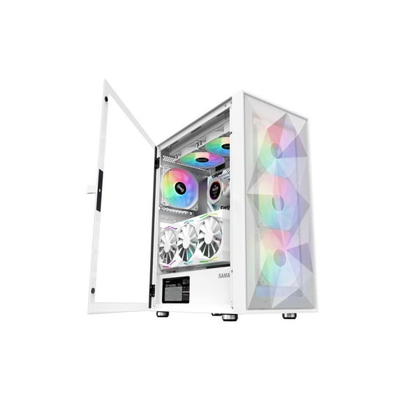 SAMA 3509 Tempered Glass Flip Door Computer Case with Supports Vertical ATX, White