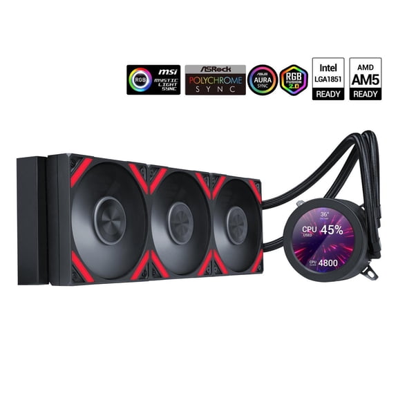 SAMA Q70 Black CPU Liquid Cooler, 360MM Liquid Water AIO CPU Cooler with 2.8" LCD Display, Magnetic Detachable, XT120 Modular Fans LCP Blade, Bonus Stands, 115X, 2011, 1200, 1700, AM4, AM5 AIO Cooler