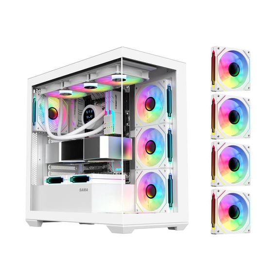 SAMA SV01 Gaming PC Case Computer Mid Tower ATX Case White with 4 Addressable RGB Fans Pre-Installed, Back Plug Motherboard Design, Tempered Glass Transparent Side Panel