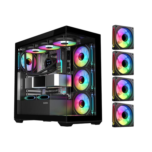 SAMA SV01 Mid Tower ATX Gaming PC Computer Case Black, 4 Addressable RGB Fans Pre-Installed, Tempered Glass Side Panel, Back Plug Motherboard Design