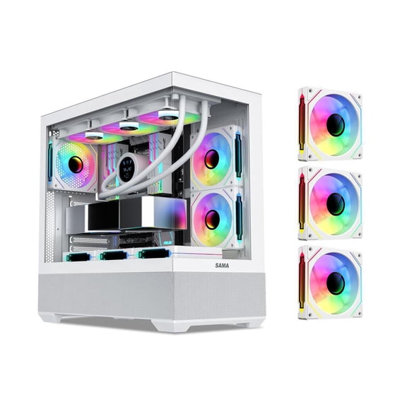 SAMA SV02 Dual USB3.0 and Type C Tempered Glass ATX Mid Tower Gaming PC Computer Case, 3 Addressable RGB Fans Pre-Installed, Support BTF Back Plug Motherboard