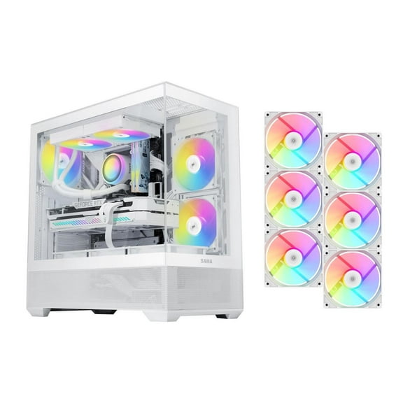 SAMA V40 White ATX Mid Tower PC Case, 6 Pre-Installed 120mm ARGB PWM Fans, Dual Tempered Glass Panels, Vertical Airflow Design, Gaming Computer Case for ATX/Micro-ATX/ITX Motherboard