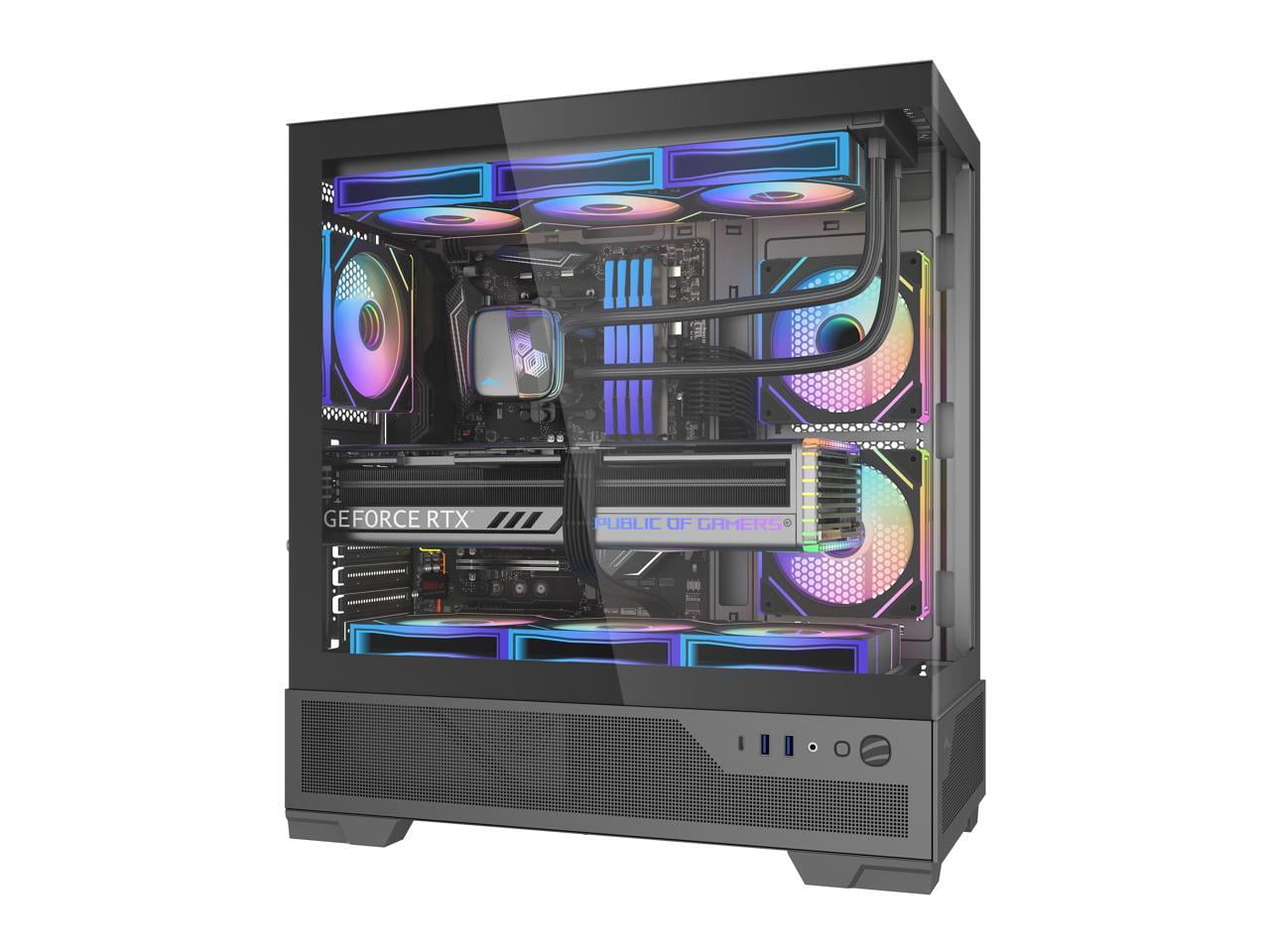 SAMA V43 Mid-Tower PC Case, 6 x 120mm PWM ARGB Fans, 4mm Tempered Glass, USB3.1 Type-C + USB 3.0 Ports, 7 Slots, Pre-Installed PWM+ARGB HUB, Supports ATX/M-ATX/ITX, Black