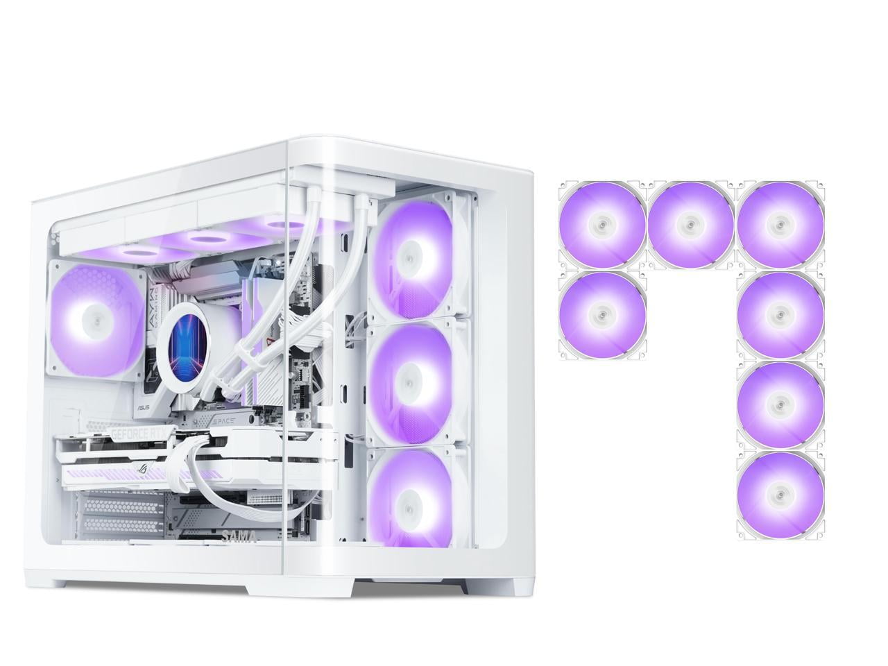 SAMA V60 PC Case, Mid-Tower Computer Case, A Curved Tempered Glass, 7 Pre-Installed ARGB PWM Fans and Fan Hub, USB Type-C, ATX/MATX/ITX Back-Connect Support, 360mm Liquid Cooler Compatible, White