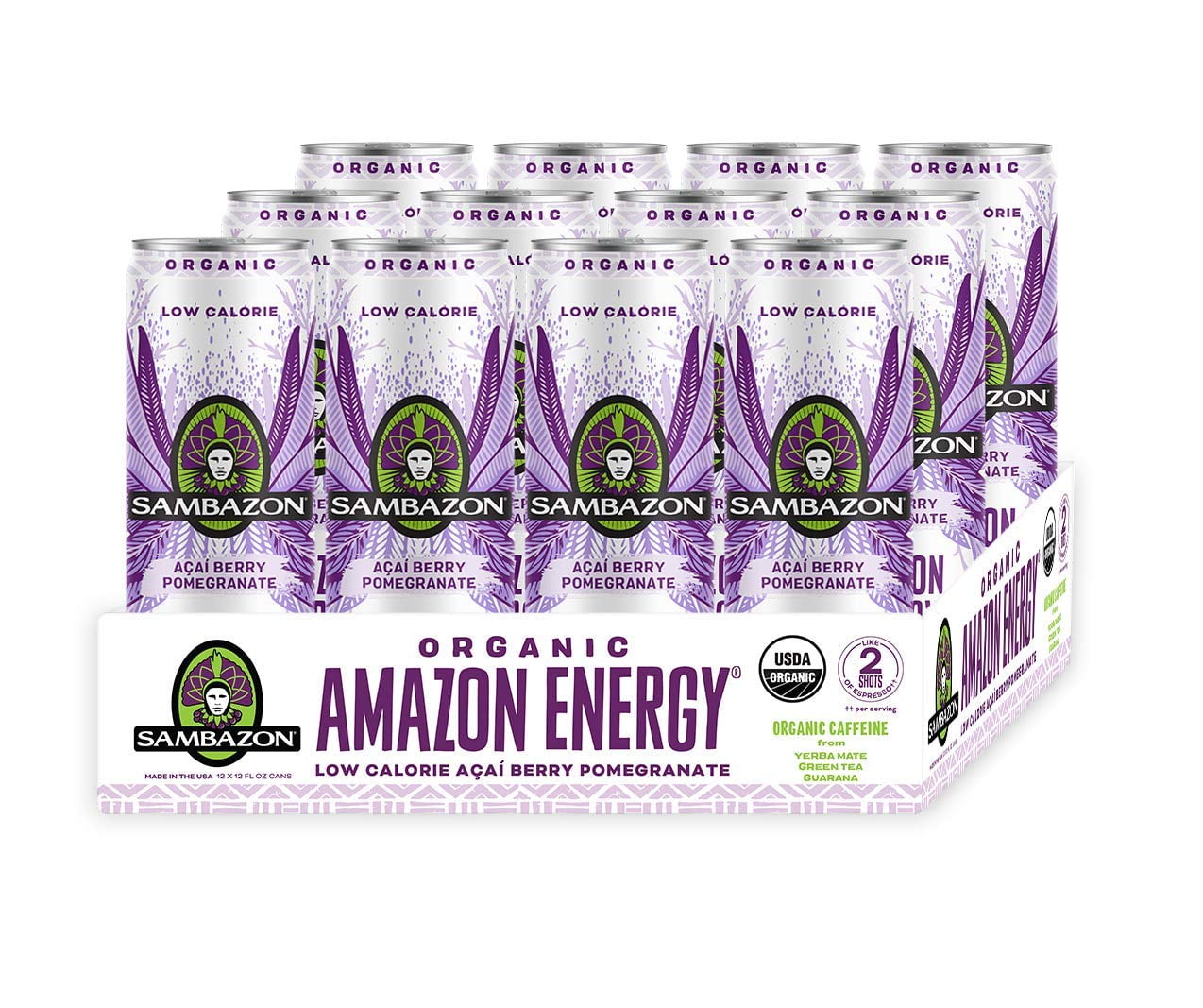 SAMBAZON Organic Sparkling Energy Drink, Low Calorie, Acai Berry and