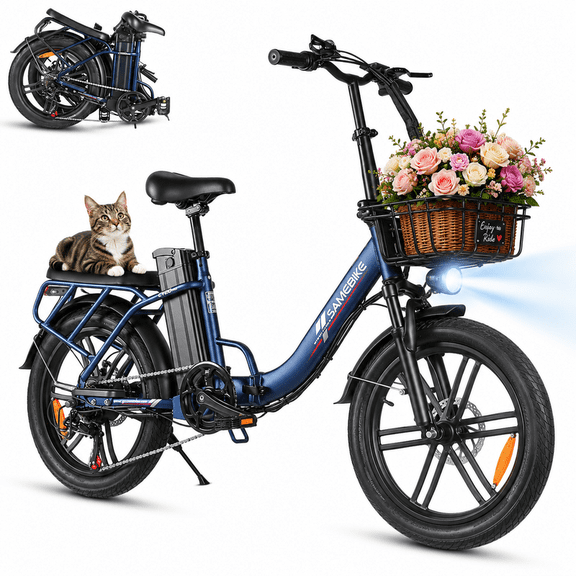 SAMEBIKE Foldable Electric Bike for Adults, 20"*3 Fat Tire Ebike with 750W Peak Motor, 28 MPH Max Speed, 36V13AH Removable Battery, Up to 55 Miles Range, Front Suspension Step-Thru E Bike