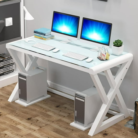 SAMERY Computer Desk & Gaming Desk, Home Office Desks 55.1 Inch- Modern Simple Writing Study White Glass Computer Desk Space-Saving Multipurpose Workstation with Metal Frame…