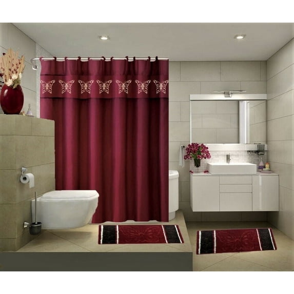 SAMIMPORT-2011 15 Piece Bathroom Linen & Accessory Set : 2-Rugs/Mats, 1 -Fabric Shower Curtain, 12-Fabric Covered Rings Non Slip Rugs Butterfly Orange