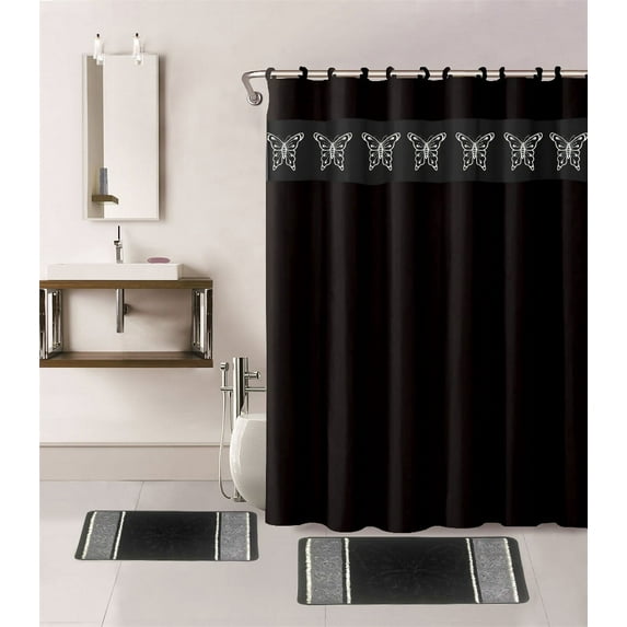 SAMIMPORT-2011 BUTTERFLY BLACK 15-PIECE BATHROOM SET, 2-RUGS/MATS, 1 -FABRIC SHOWER CURTAIN, 12-FABRIC COVERED RINGS NON SLIP RUGS