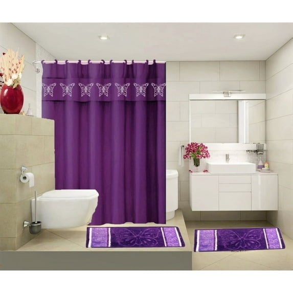SAMIMPORT-2011 Butterfly Design Shower Curtain & Liner, 72” x 72” Anti-Slip Rubber 4 Count