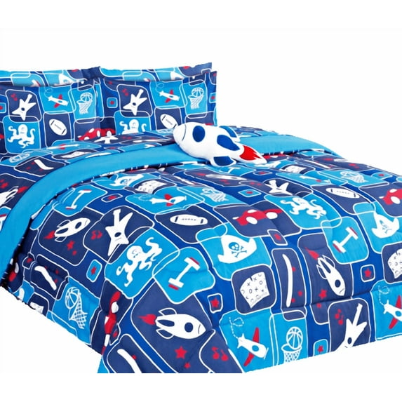 SAMIMPORT-2011 Comforter Set Plush Toy Blue Bag Print Design Comforters & Duvets, Twin (5 Count)