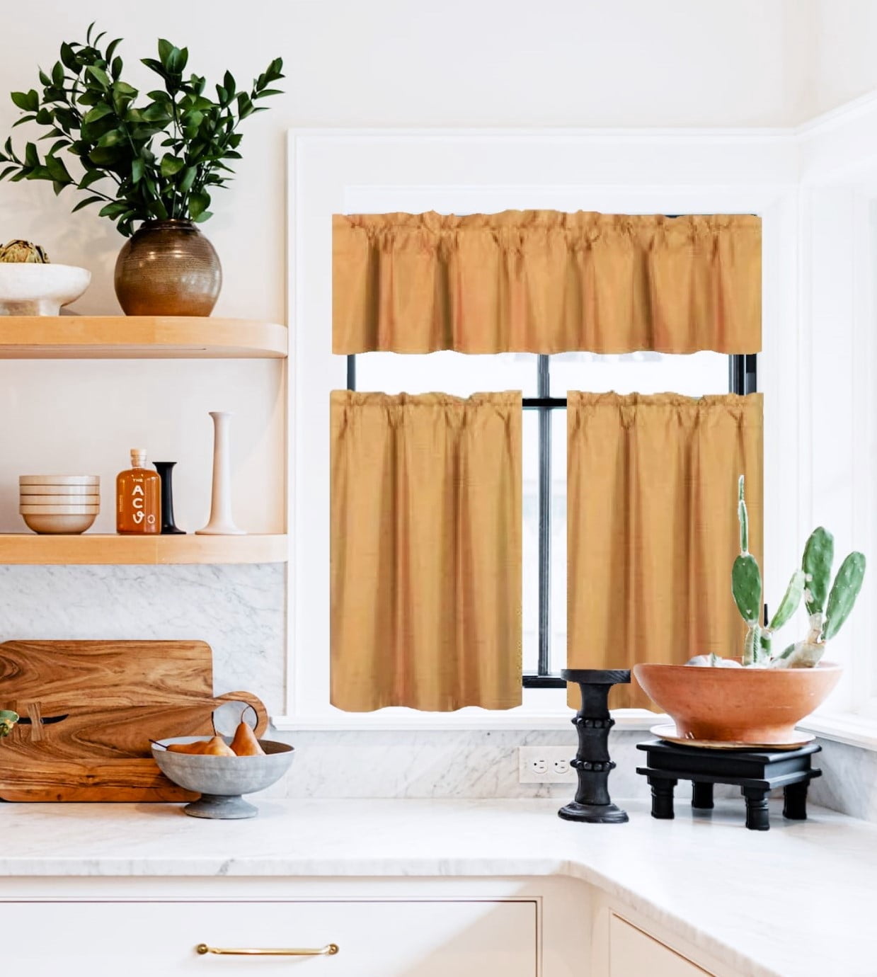 3PC Gold Kitchen Curtain Set, Blackout, Rod Pocket, Short Window, 2 ...