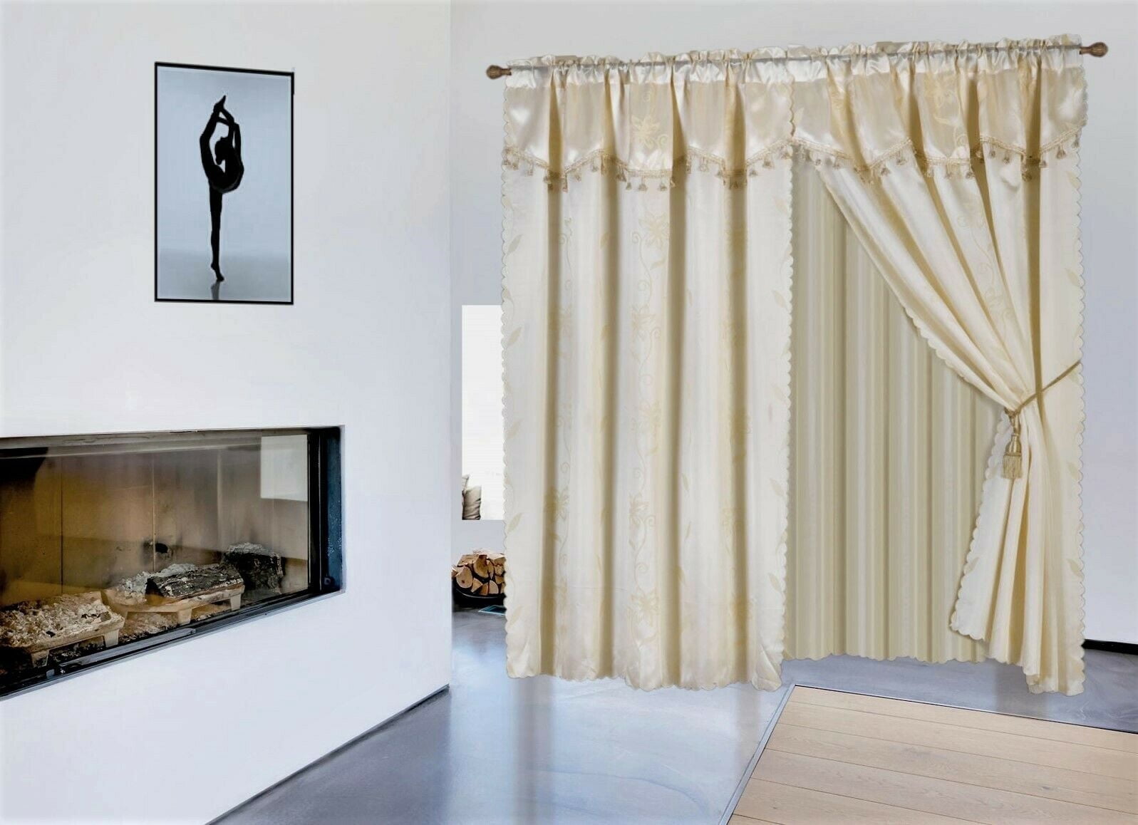 Nada Beige 2 Panel Curtain Set with Valance, Sheer Backing, Tassels ...