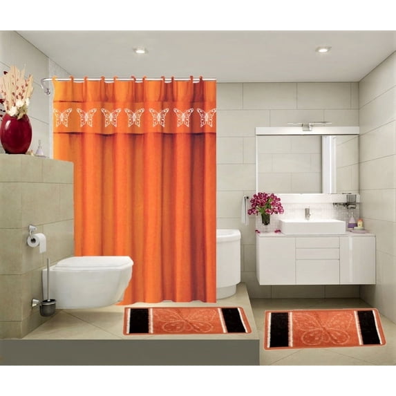 SAMIMPORT-2011 Modern Orange Fabric Shower Curtain Set, 15 Count