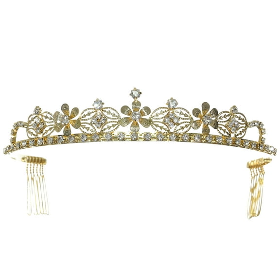 SAMKY Gold Metal Petal Floral Rhinestone Crystal Tiara Elegant Bridal Crown for Wedding
