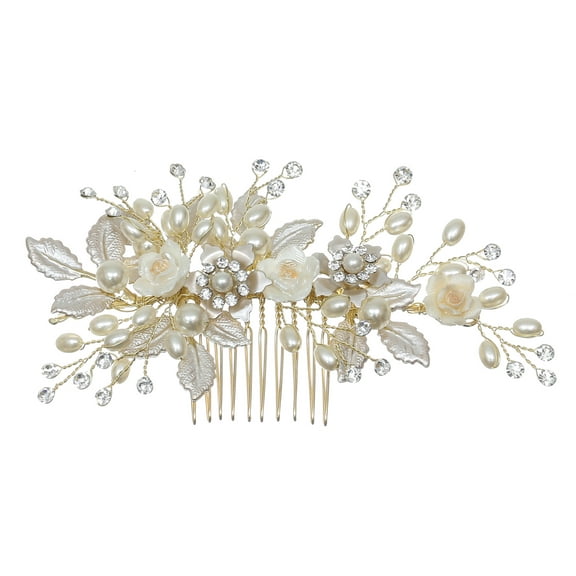 SAMKY Gold-Plated Hair Comb with Shell White Pearls and Crystal Floral Design