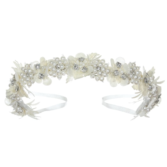 SAMKY Pearl and Rhinestone Satin Flower Wreath Headband for Communion and Bridal Wear