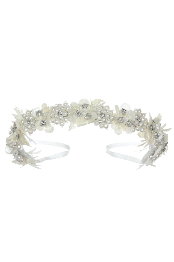 Pearl and Rhinestone Satin Flower Wreath Headband for Communion and Bridal Wear