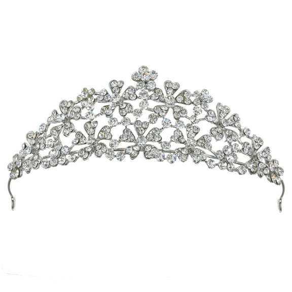 SAMKY Rhinestone and Flower Bridal Tiara Regal Rhodium-Plated Headpiece