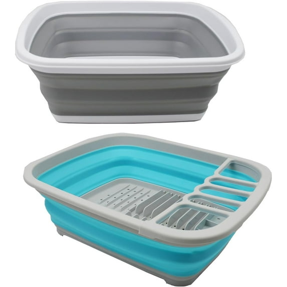 SAMMART 10 Litre (2.6 Gallons) Collapsible Tub & 8L (2.11Gallons) Collapsible Dish Drainer with Drainer Board (Grey+Cyanine (Set of 2))