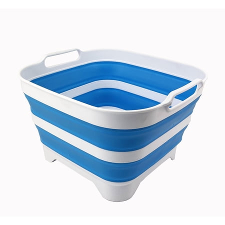 SAMMART 10L (2.64 Gallon) Collapsible Dishpan with Draining Plug - Foldable Washing Basin - Portable Dish Washing Tub - Space Saving Kitchen Storage Tray